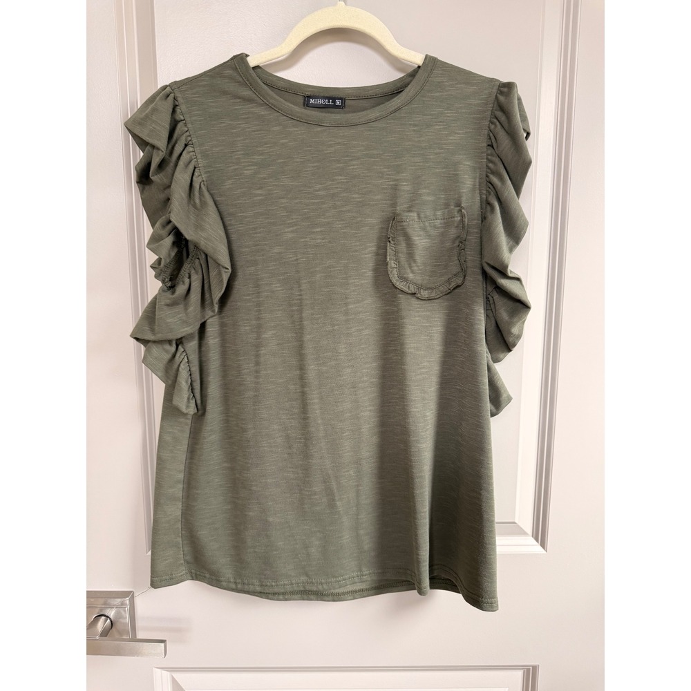 MIHOLL Womens Olive Green Ruffle Short Sleeve Slub Knit Pocket Tee Shirt Size M